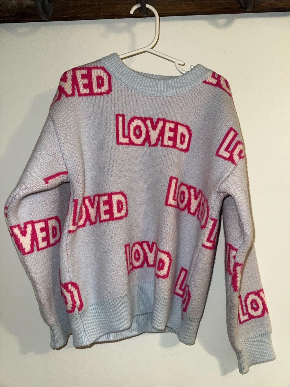 Lola + The Boys Light Gray Sweater with Pink LOVED Print
